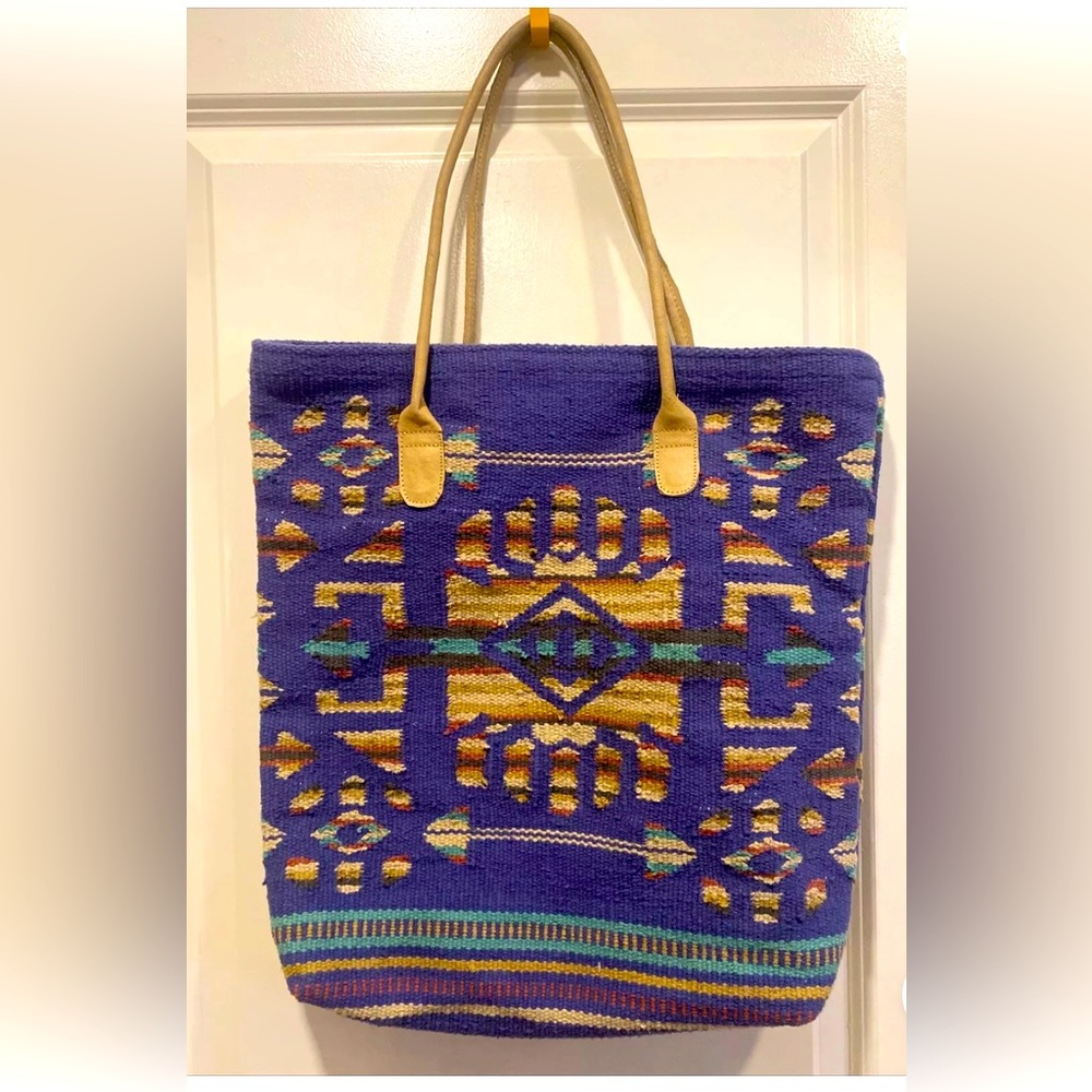 ECOTE SOUTHWEST BLANKET COTTON WOVEN TOTE BAG BLUE NWOT